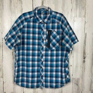 REI plaid short sleeve snap front shirt outdoor hiking workwear blue white XL